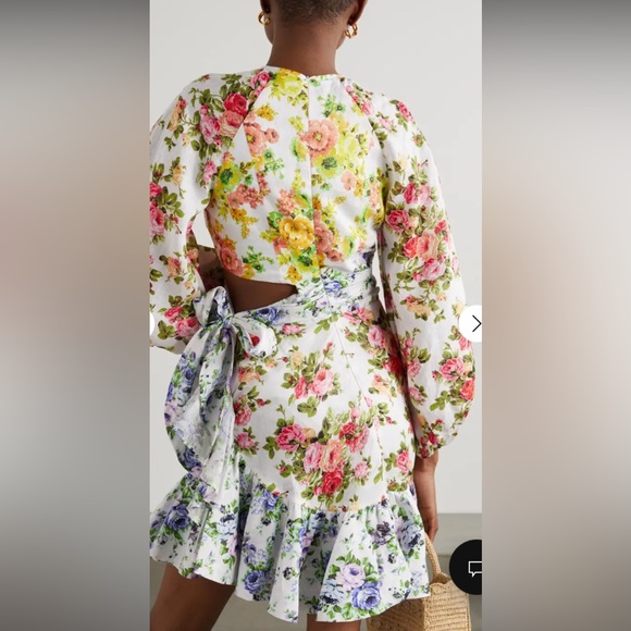 ❗️SALE❗️Zimmerman White Ruffled Floral-print Linen Mini Dress - Picture 3 of 7